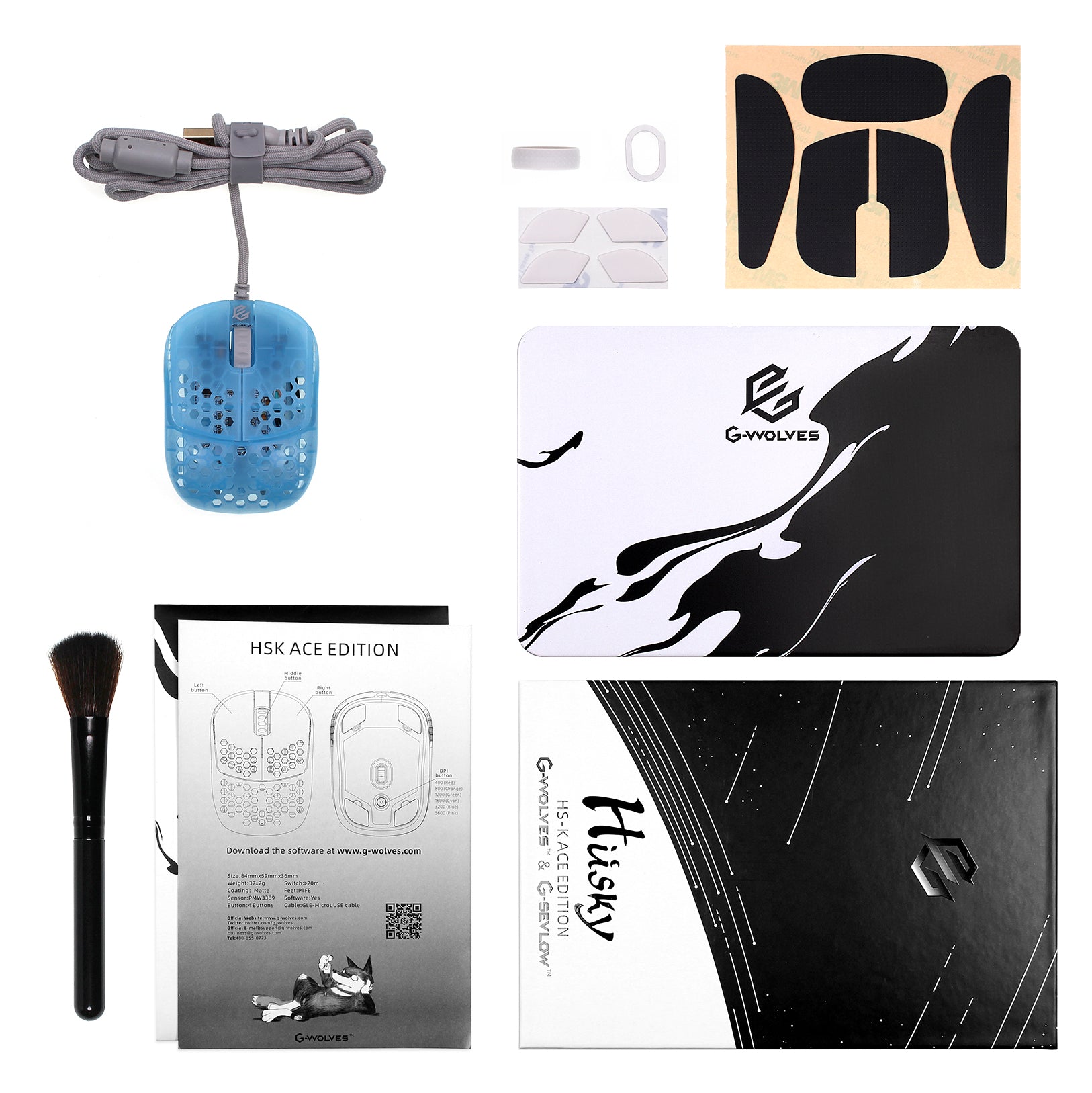 G-wolves HSK "Husky" Ultralight Wired Gaming Mouse - 3389 Sensor - Transparent Blue Edition